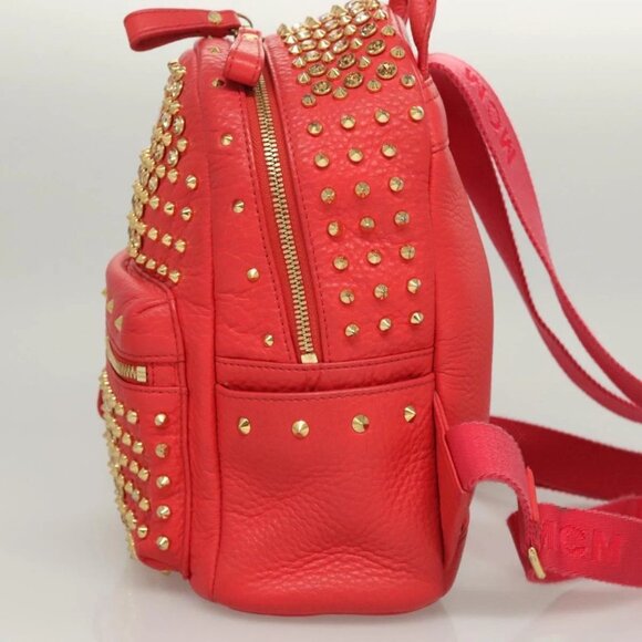 MCM Studs Backpack Leather Red Gold bst584-112825 - Picture 3 of 16